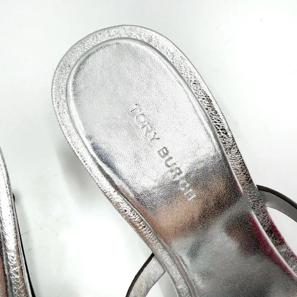 Tory‎ Burch Geo Bombe Miller Sandals Metallic Silver Thong Low Heel Sz 6